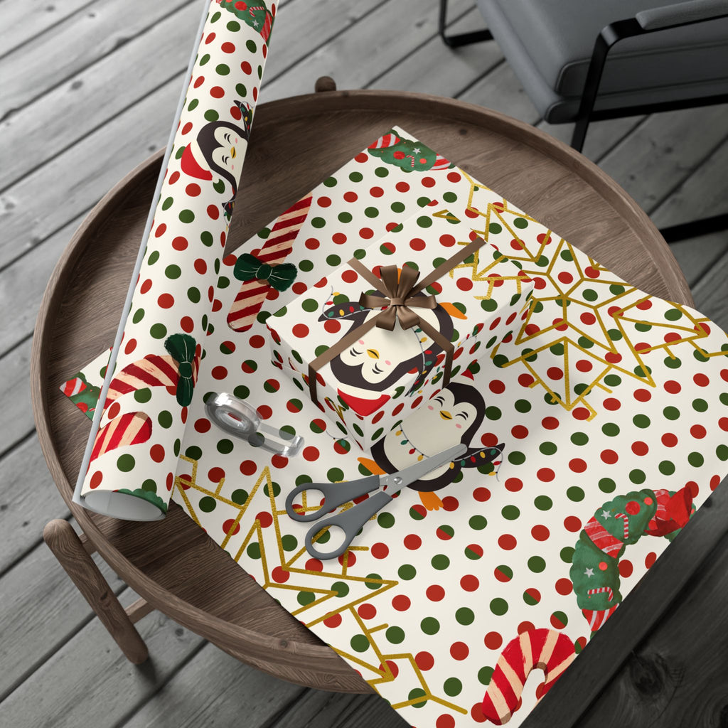 Christmas Penguin Polka Dot Gift Wrap Paper – Festive Holiday Wrapping Sheets