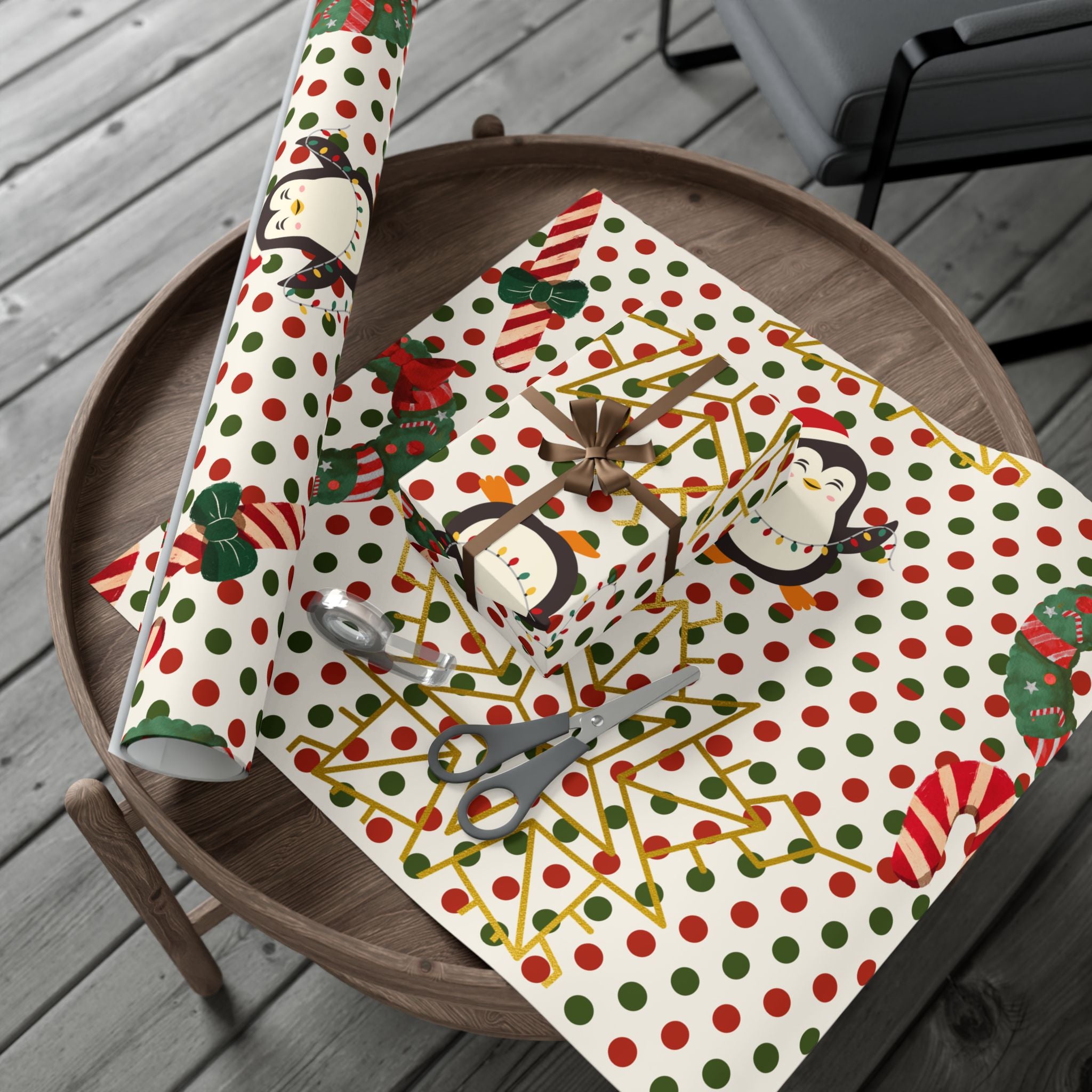 Christmas Penguin Polka Dot Gift Wrap Paper – Festive Holiday Wrapping Sheets