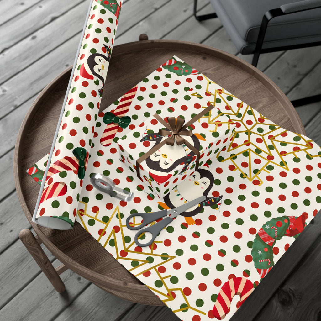 Christmas Penguin Polka Dot Gift Wrap Paper – Festive Holiday Wrapping Sheets